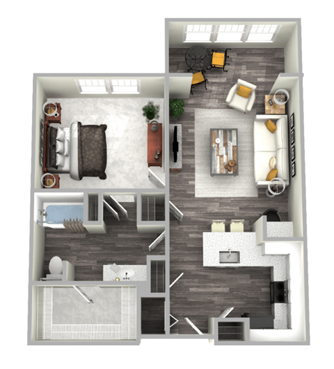 Floor plan for 1 bed, 1 bath, 879 sqft
